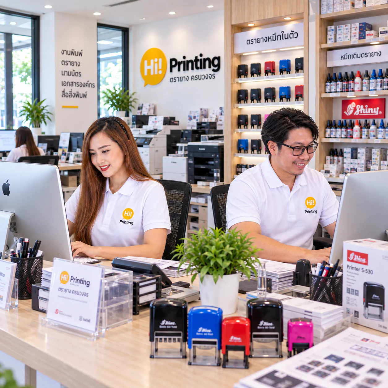 ทีมแอดมิน Hi Printing ให้บริการลูกค้าภายในหน้าร้าน