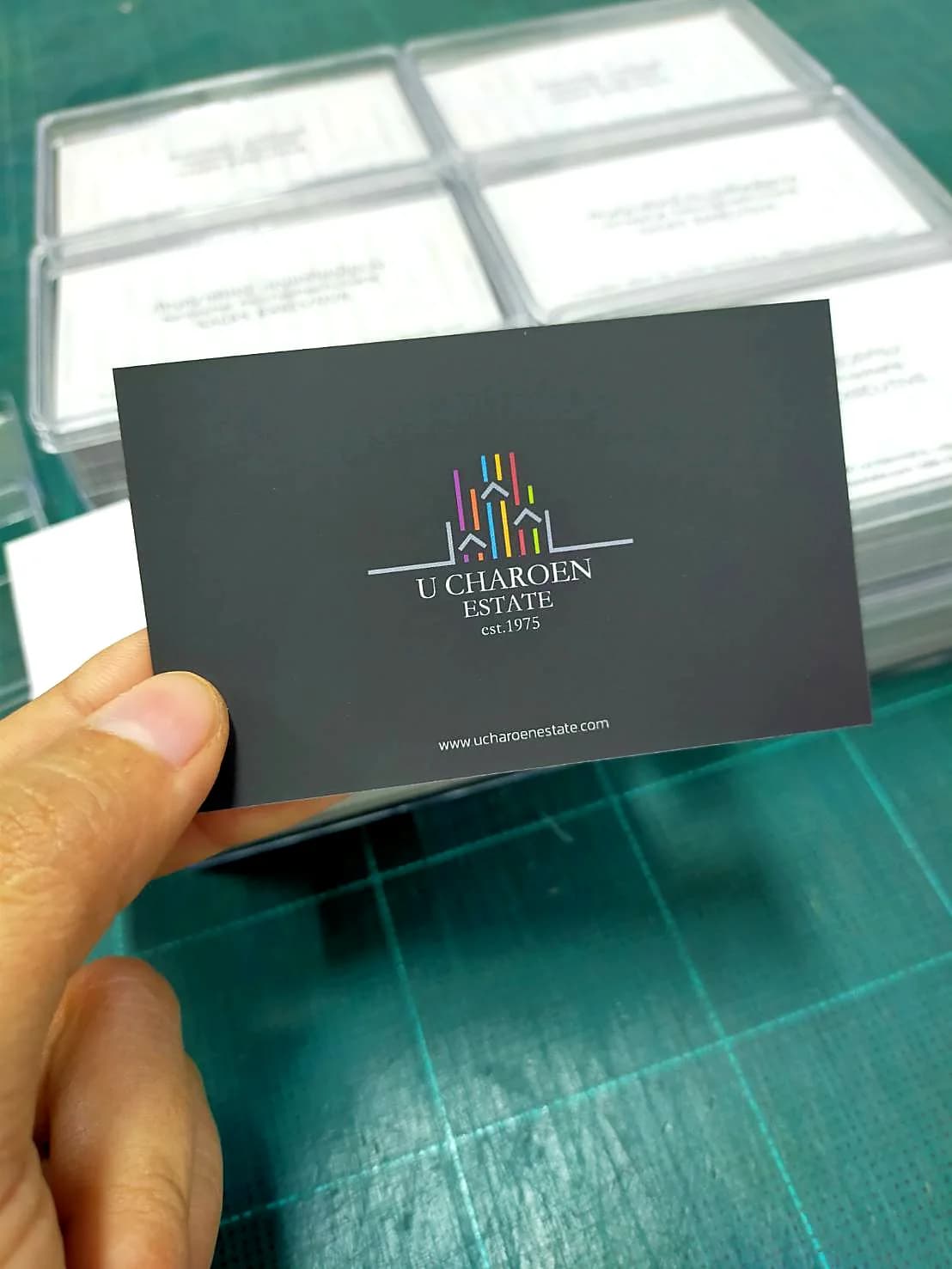 ตัวอย่างงานพิมพ์นามบัตรบริษัทอสังหาริมทรัพย์ U Charoen Estate