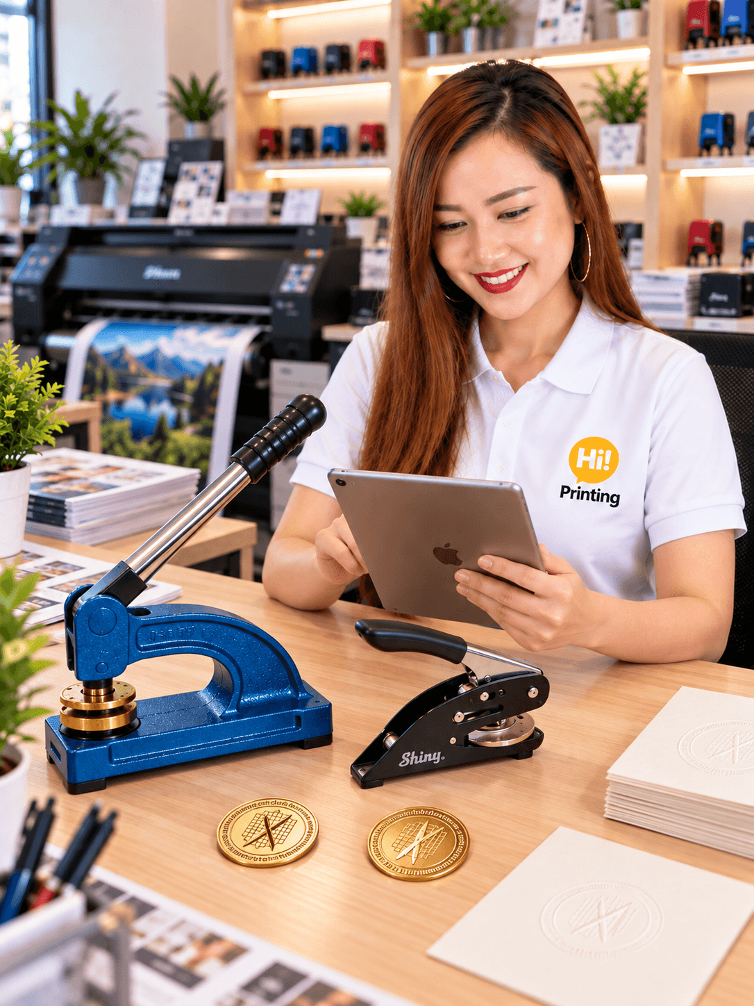 แอดมิน Hi Printing พร้อมเครื่องปั๊มนูนรุ่นตั้งโต๊ะและรุ่นพกพา