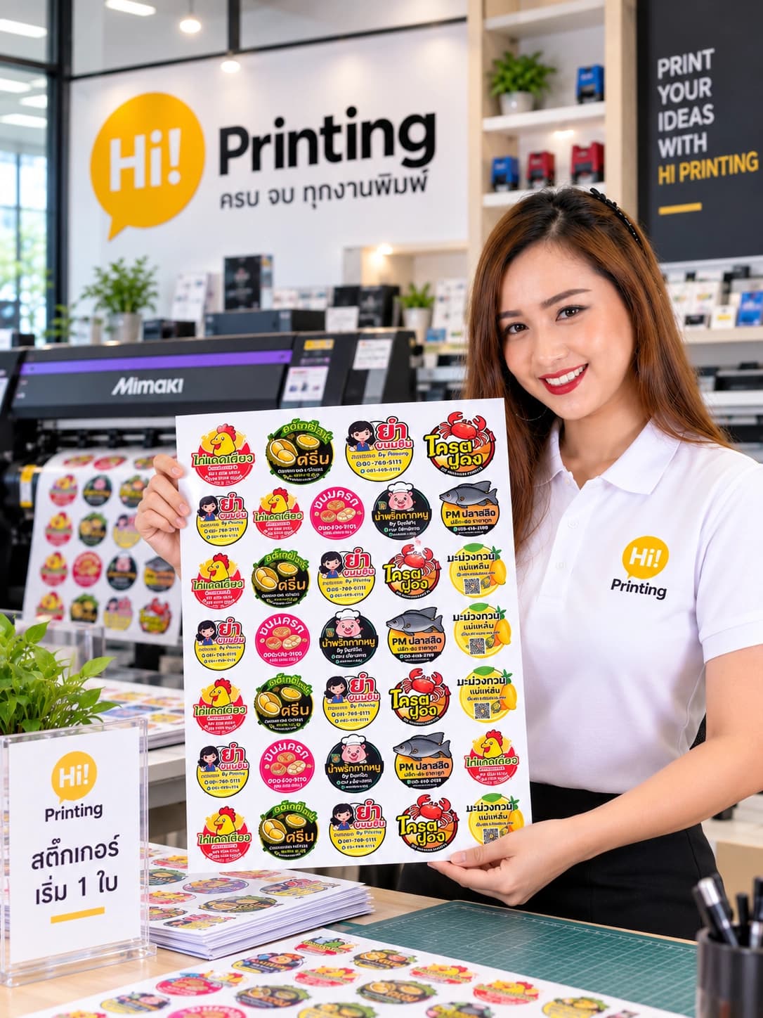 แอดมินเตี้ยม Hi Printing ถือแผ่นสติ๊กเกอร์ไดคัทพร้อมตรวจไฟล์ก่อนพิมพ์