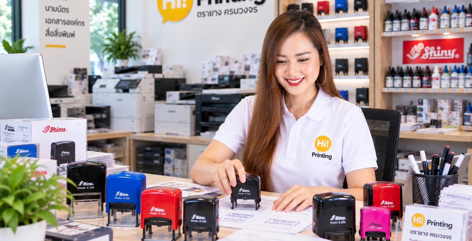 แอดมิน Hi Printing กำลังประทับตรายางหมึกในตัวบนเอกสารภายในร้าน