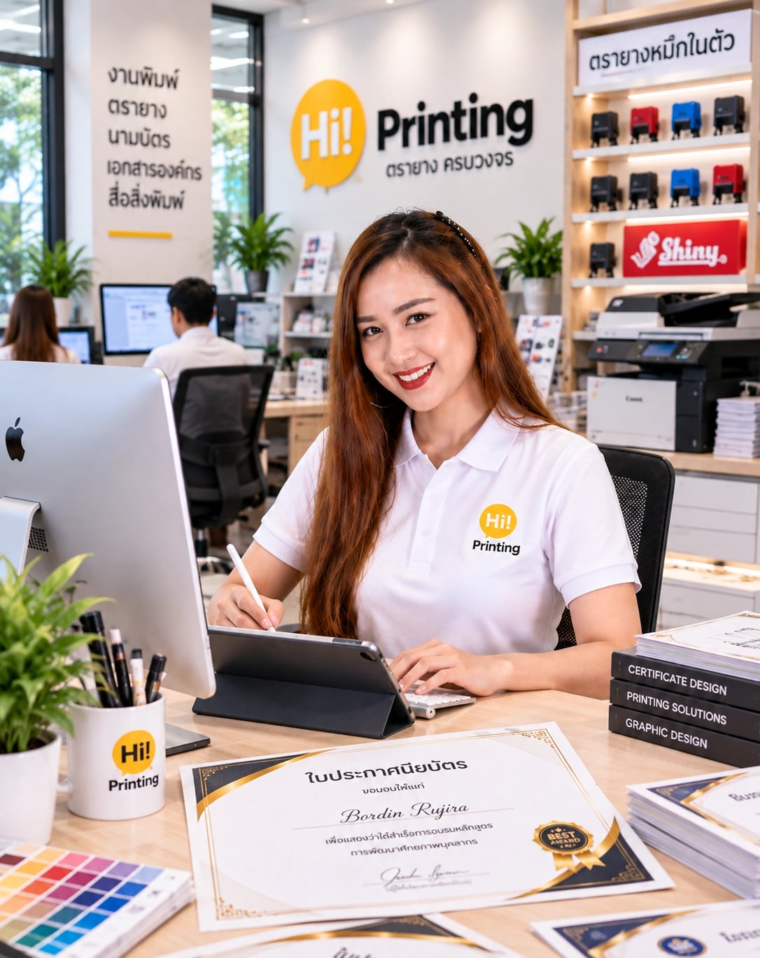 แอดมินเตี้ยม Hi Printing ออกแบบใบประกาศนียบัตรและเตรียมรันรายชื่อ