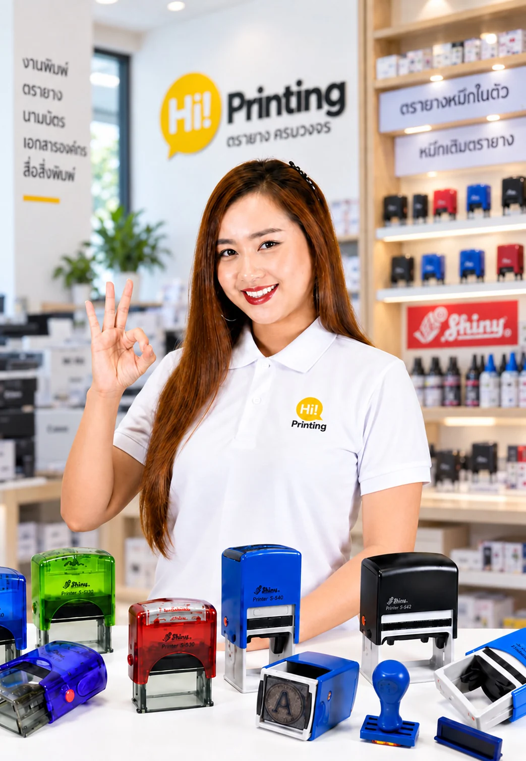 แอดมินเตี้ยมกับตรายางหมึกในตัวและตรายางด้ามภายในร้าน Hi Printing