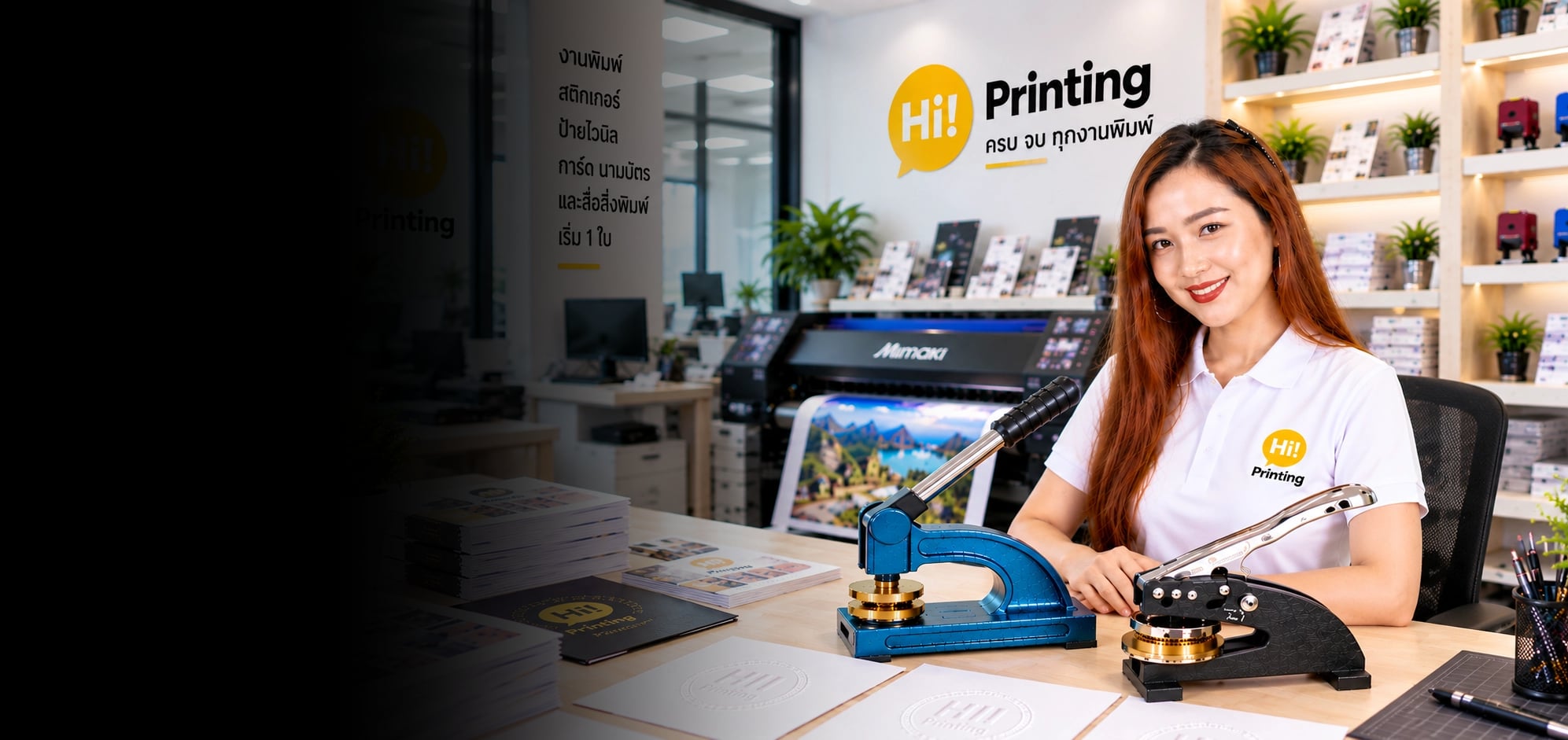 แอดมิน Hi Printing พร้อมเครื่องปั๊มนูนรุ่นตั้งโต๊ะและรุ่นพกพา